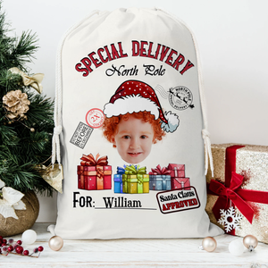 Special Delivery For Custom Photo And Name, Personalized String Bag, Christmas Gift