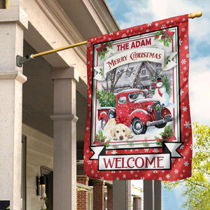 Merry Christmas Pet With Red Car - Custom Pet Photo And Name Flag - Christmas Gift, Gift For Pet Lovers