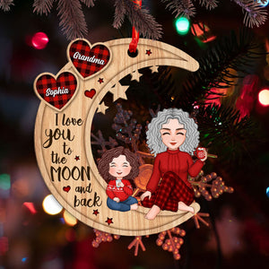 Cute Grandma & Grandkid Checkered Pattern Heart Love To The Moon - Gift For Granddaughter Grandson Personalized 2-Layered Wooden Ornament