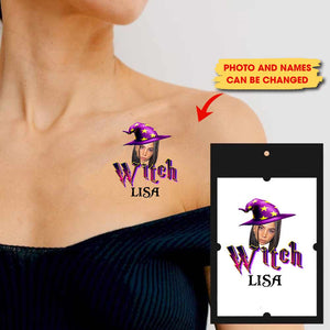 Witch, Custom Face Photo And Texts Temporary Tattoo, Personalized Tattoo, Fake Tattoo