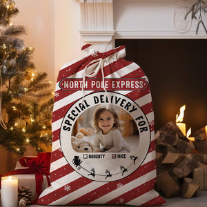 North Pole Express Special Deliver For Kid, Custom Background And Photo- Personalized String Bag, Christmas Gift, Gift For Family