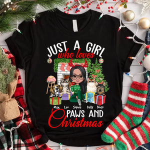 Just A Girl Who Loves Paws And Christmas - Custom Appearance, Pets And Names - Personalized T-Shirt - Gift For Pet Lovers