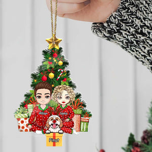 Christmas Couple Sitting With Pet, Custom Appearances And Names - Christmas Gift For Couple - Personalized Acrylic Ornament