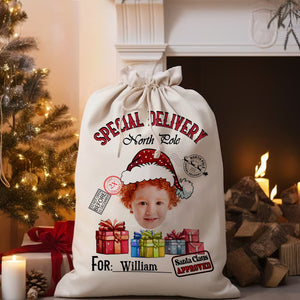 Special Delivery For Custom Photo And Name, Personalized String Bag, Christmas Gift