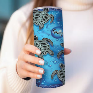 Personalized Sea Turtles Aqua Pattern Skinny Tumbler, Gift For Turtle Lover