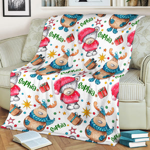 Christmas Deer And Bear, Personalized Fleece Blanket - Gift For Christmas, Family Gift