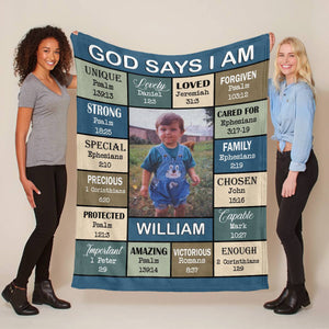 God Says I Am, Custom Photo And Name - Personalized Fleece Blanket