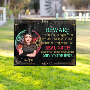 Beware This House Is Protected By An Energy - Personalized Lawn Sign, Yard Sign, Halloween Gift