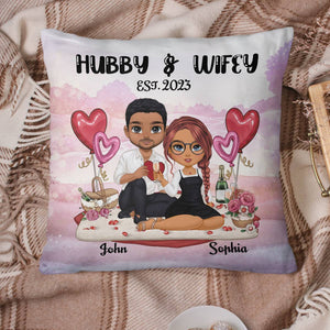 Hubby And Wifey Couple Sitting, Custom Appearance And Name - Personalized Pillow, Gift For Family