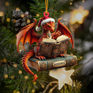 Dragon Reading Book Christmas Ornament, Personalized Ornament