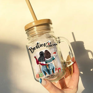 Besties Forever, Custom Appearances And Names - Personalized Mason Jar Cup With Straw