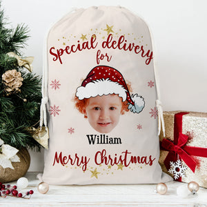 Christmas Special Delivery Custom Photo And Name, Personalized String Bag, Christmas Gift