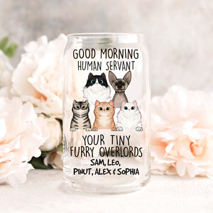 Good Moring Human  - Custom Cats And Names - Personalized Glass Bottle, Frosted Bottle, Gift For Pet Lover