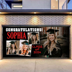 Congratulations Class Of 2024 - Personalized 4 Photos, Your Name And School Name Single Garage, Garage Door Banner Covers - Banner Decorations