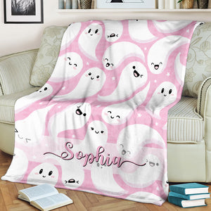 Pink Ghost  - Custom Name - Personalized Fleece Blanket, Halloween Gift