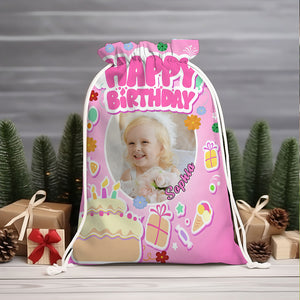 Happy Birthday Pink And Cake Bag Personalized Christmas String Bag