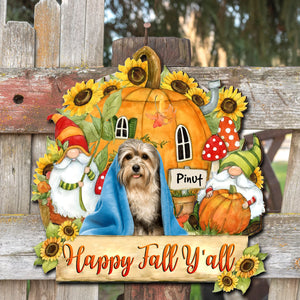 Happy Fall Y'all - Personalized Photo Wooden Door Sign - Halloween For Pets - Halloween Gift