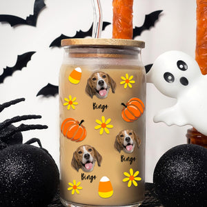 Halloween With Dog - Custom Photo And Name - Personalized Glass Bottle, Frosted Bottle, Gift For Dog Lovers, Halloween Gift