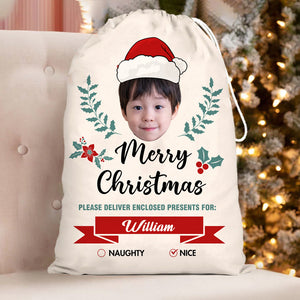 Christmas Kid Face Custom Photo And Name, Personalized String Bag, Christmas Gift