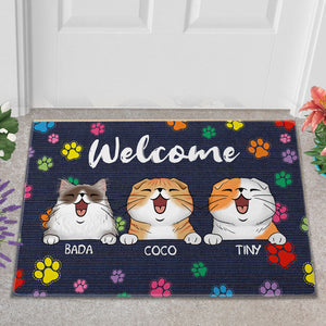 Welcome Cat House Color Paws  - Custom Cats And Names - Personalized Doormat - Pet Lover Gift