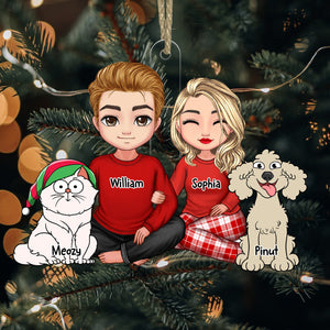 Couple Sitting With Christmas Pet, Custom Appearances And Names - Christmas Gift For Couple - Personalized Acrylic Ornament