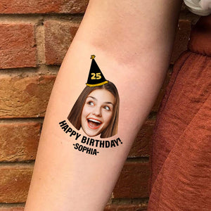 Happy Birthday Party Wearing Hat, Custom Photo And Name Temporary Tattoo, Personalized Party Tattoo, Fake Tattoo