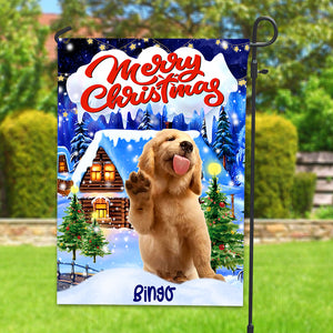 Merry Christmas Pet And Snow House - Custom Pet Photo And Name Flag - Christmas Gift, Gift For Pet Lovers