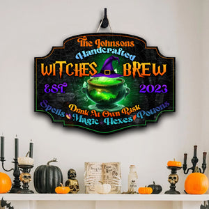 Handcrafted Witches Brew Drink At Own Risk - Custom Family Name And Year - Personalized Wooden Door Sign - Halloween Gift