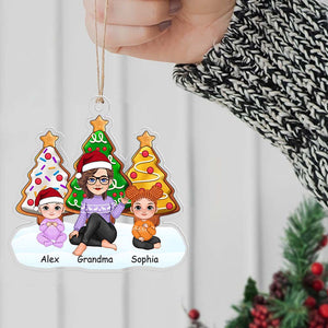 Grandma, Mom And Kids Sitting Under The Christmas Tree, Christmas Decor - Personalized Acrylic Ornament - Gift For Family