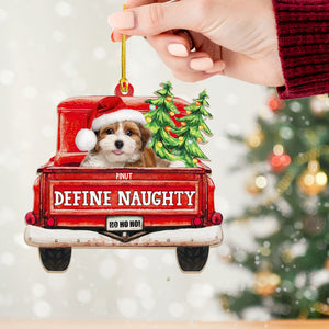 Custom Photo Pet Lovers Red Truck Define Naughty - Christmas Gift For Dog Lovers - Personalized Custom Shaped Wooden Ornament - Gift For Pet Lover