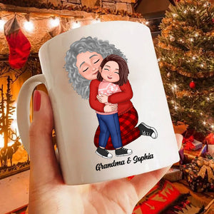 Grandma, Mom Hugging Grandkid, Kid - Custom Appearances And Names, Personalized White Mug, Gift For Family