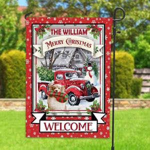 Merry Christmas Pet With Red Car - Custom Pet Photo And Name Flag - Christmas Gift, Gift For Pet Lovers