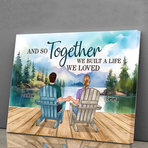 Backview Couple Sitting By The Lake - Personalized Appearances And Texts Canvas - Family Decor, Couple Gift