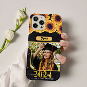 Congratulation Graduated, Sunflowers Custom Photo And Name Graduation Phone Case - Personalized Phone Case, Graduation Gift