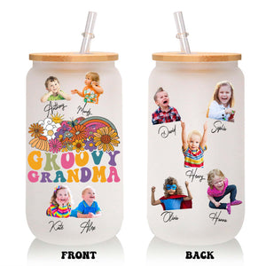 Groovy Grandma  - Custom Photo And Name - Personalized Glass Bottle, Frosted Bottle - Family Gift