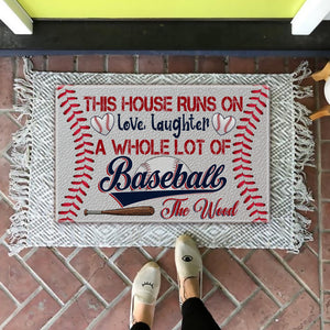 This House Runs On - Love, Laughter - A Whole Lot Of Baseball, Personalized Baseball Doormat, Home Decor For Baseball Lovers