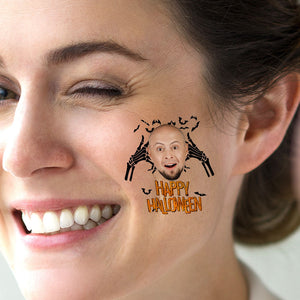 Happy Halloween, Custom Face Photo And Texts Temporary Tattoo, Personalized Tattoo, Fake Tattoo