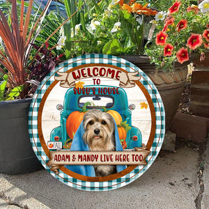 Welcome To Pet House Human Live Here Too - Custom Photo And Name - Personalized Round Wood Sign - Gift For Pet Lover