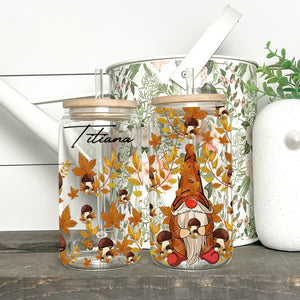 Autumn Gnome  - Custom Name - Personalized Glass Bottle, Frosted Bottle, Autumn Gift