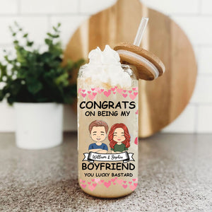 Congrats On Being My Boyfriend - Custom Appearance And Names - Personalized Glass Bottle, Frosted Bottle, Gift For Couple