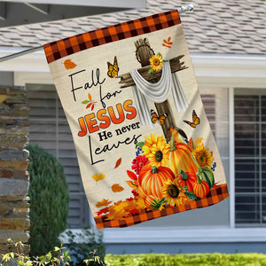 Fall For Jesus - He Never Leaves - Personalized Photo And Name Flag - Thanksgiving Gifts