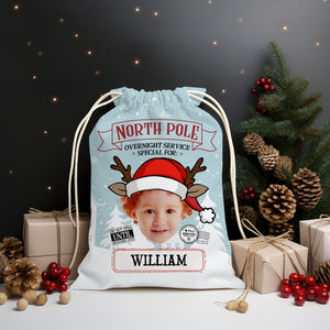 North Pole Overnight Service Custom Photo And Text, Personalized String Bag, Christmas Gift