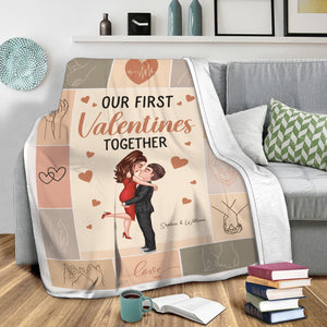 Our First Valentines Together - Custom Couple Appearances And Names - Personalized Fleece Blanket