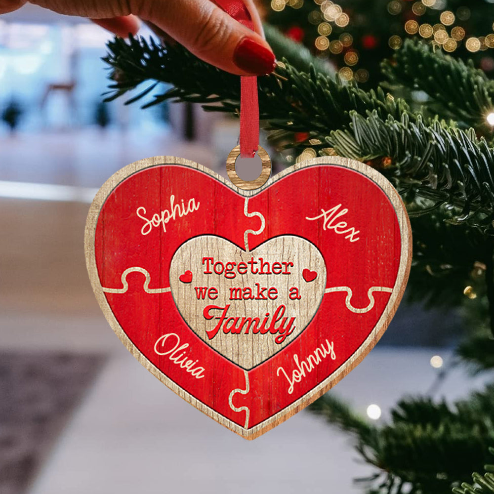 Heart Family, Custom Name In Heart - Personalized Custom Shaped Wooden Ornament - Gift For Family, Christmas Gift