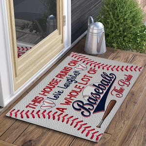 This House Runs On - Love, Laughter - A Whole Lot Of Baseball, Personalized Baseball Doormat, Home Decor For Baseball Lovers