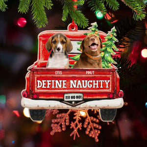 Custom Photo Pet Lovers Red Truck Define Naughty - Christmas Gift For Dog Lovers - Personalized Custom Shaped Wooden Ornament - Gift For Pet Lover