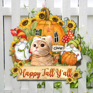 Happy Fall Y'all - Personalized Photo Wooden Door Sign - Halloween For Pets - Halloween Gift