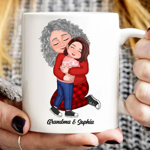 Grandma, Mom Hugging Grandkid, Kid - Custom Appearances And Names, Personalized White Mug, Gift For Family