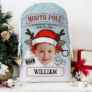 North Pole Overnight Service Custom Photo And Text, Personalized String Bag, Christmas Gift