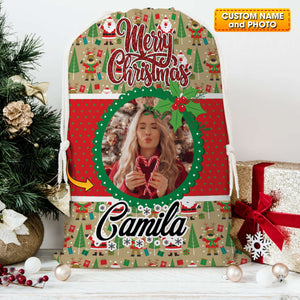 Christmas Decor For Custom Photo And Name, Personalized String Bag, Christmas Gift